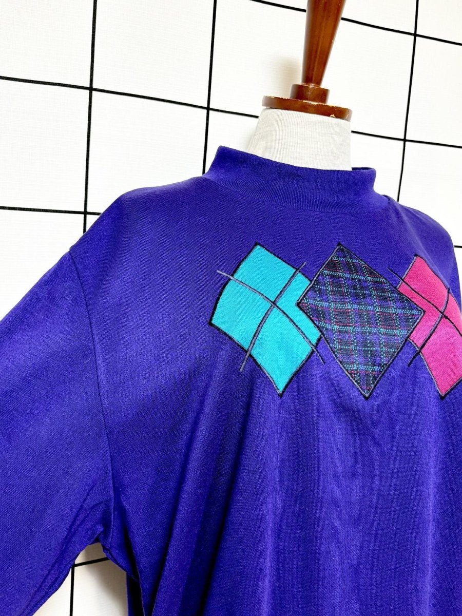 画像6: ダイヤ柄 チェック ハイネック パープル レトロ USA古着 ヴィンテージスウェット (6)