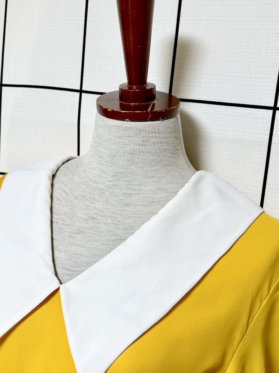 画像4: プリーツ切り替え ボーダー イエロー ホワイト レトロ USA古着 ヴィンテージワンピース (4)