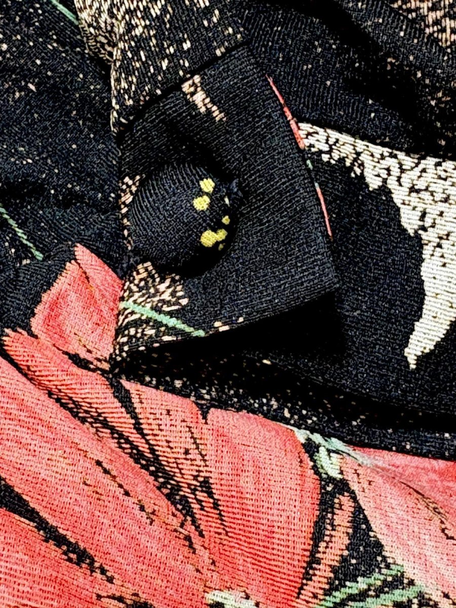 画像13: フランス製 FRANCE ベルト付 花柄 首元リボン プリーツ切替 ブラック レトロ ヨーロッパ古着 ヴィンテージワンピース (13)