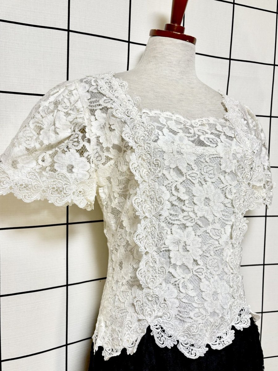 画像7: 贅沢な総レース パーティースタイルにおすすめ ホワイト ブラック クラシカル レトロ ヨーロッパ古着 ヴィンテージドレス (7)