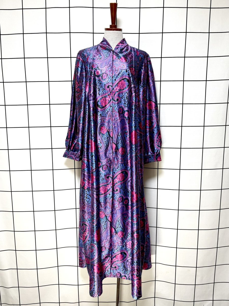 画像1: レトロサイケ ペイズリー 花柄 フロントジッパー USA古着 ヴィンテージワンピース (1)