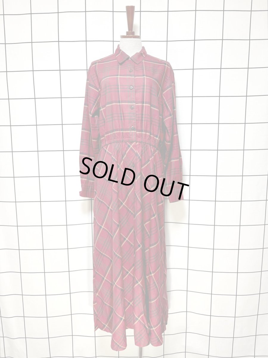画像1: チェック柄 前開き ウエストゴム レトロ USA古着 ヴィンテージワンピース (1)