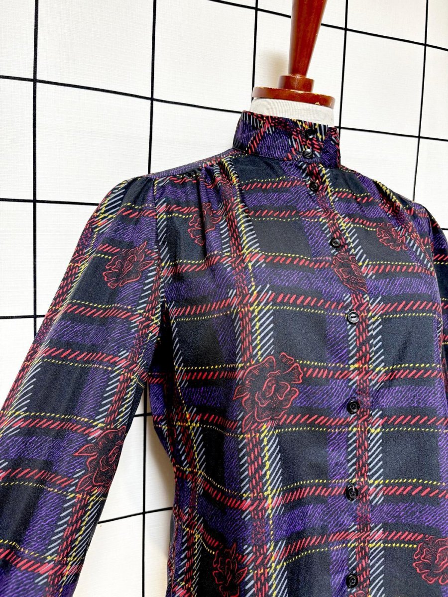 画像5: チェック 花柄 レトロ USA古着 シャツ ヴィンテージブラウス (5)