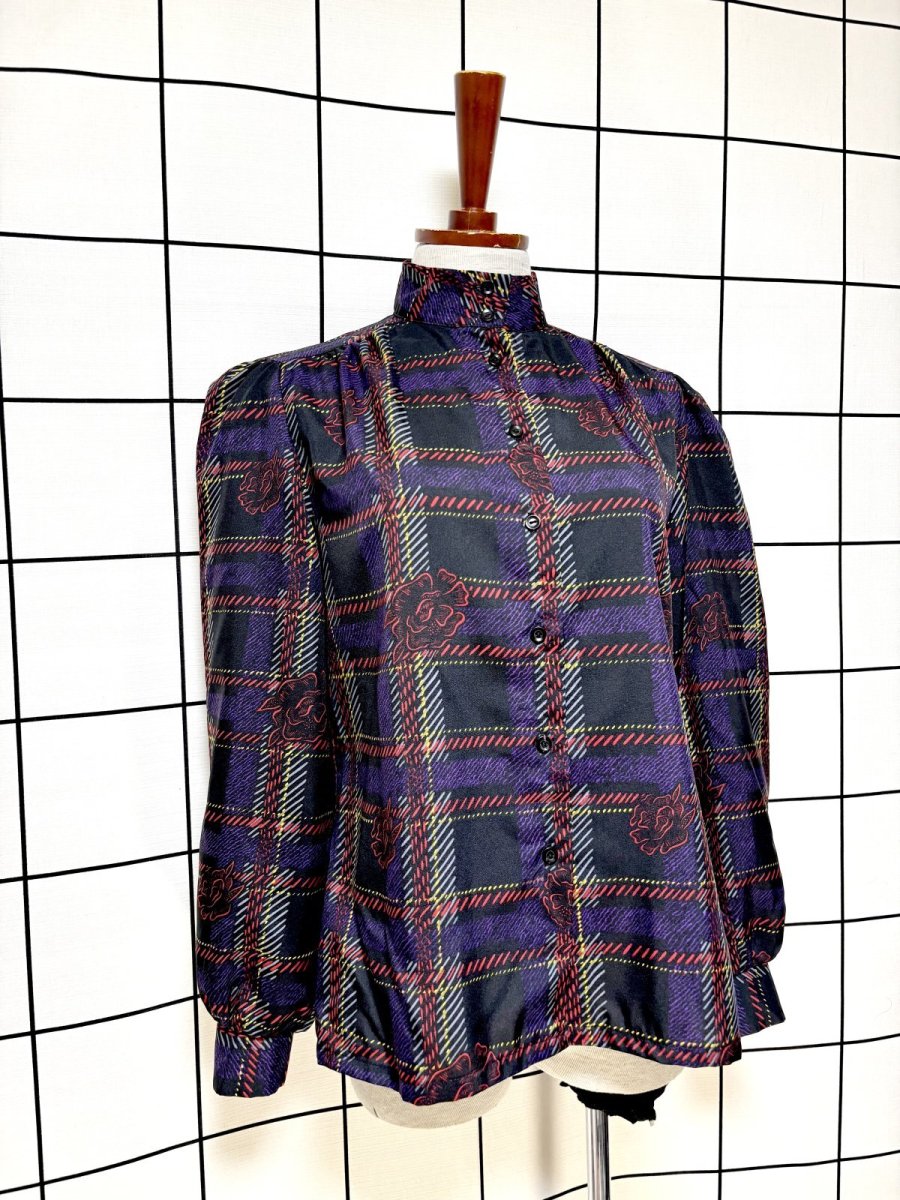 画像3: チェック 花柄 レトロ USA古着 シャツ ヴィンテージブラウス (3)