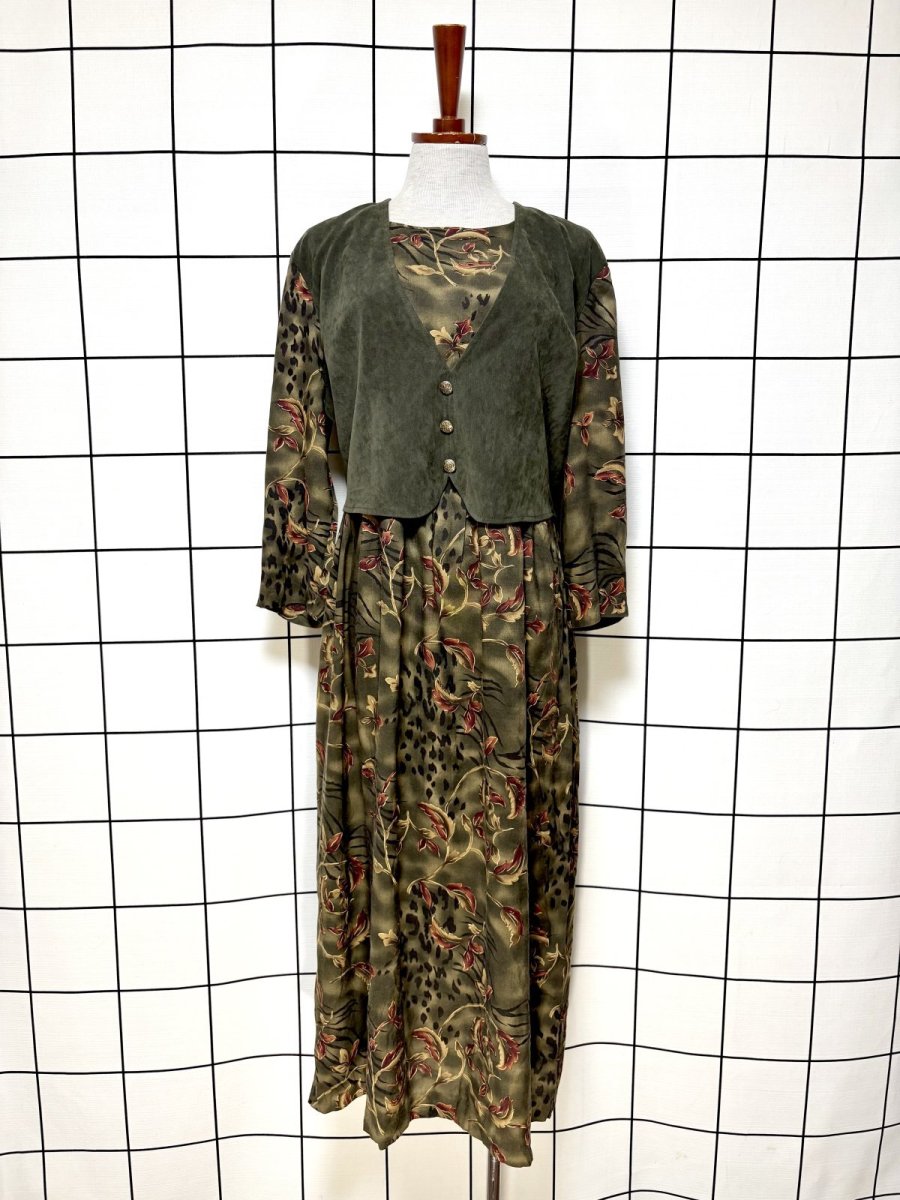 画像1: レイヤード風デザイン リーフ柄 バックリボン レトロ USA古着 ヴィンテージワンピース (1)