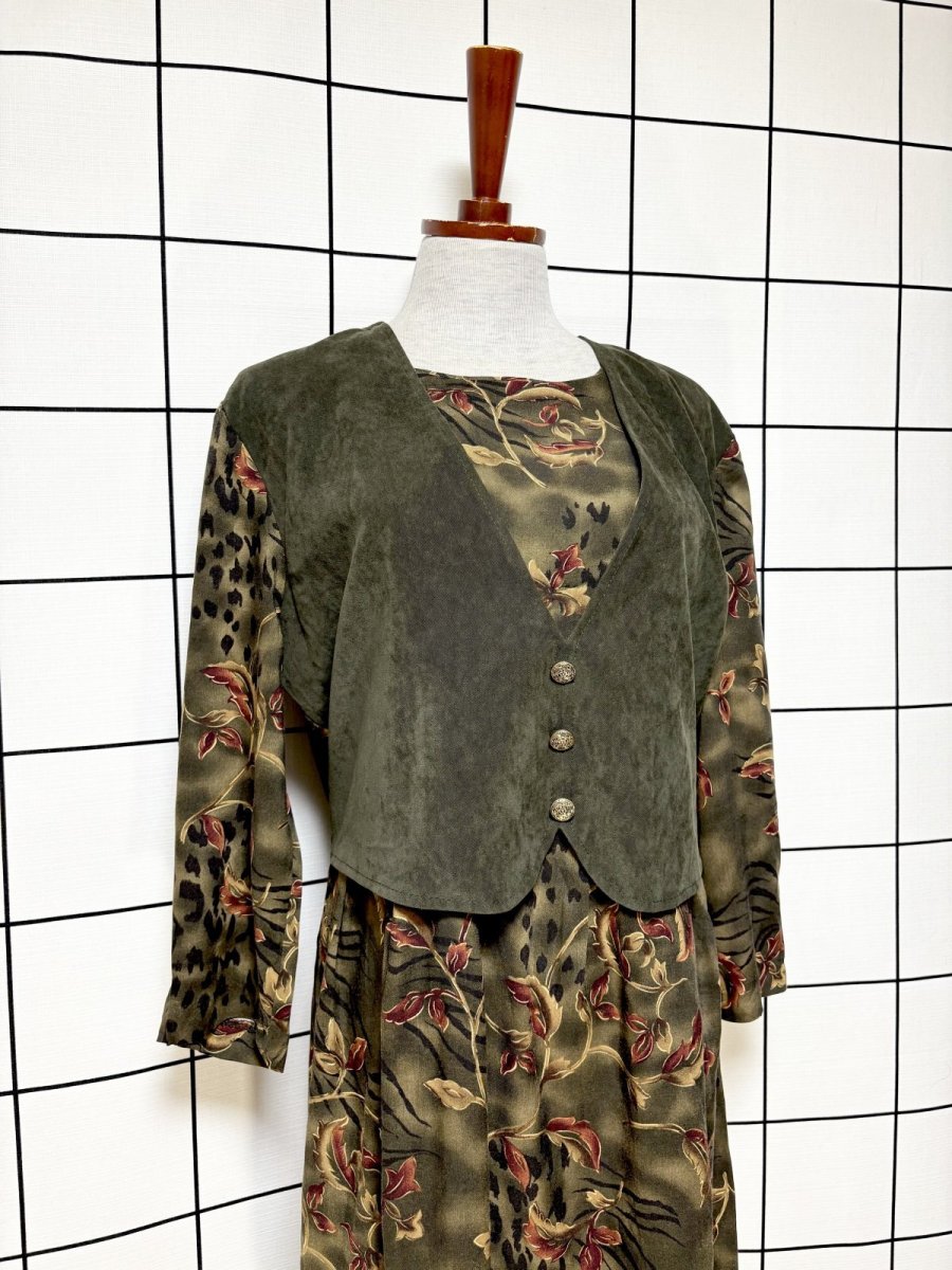 画像4: レイヤード風デザイン リーフ柄 バックリボン レトロ USA古着 ヴィンテージワンピース (4)