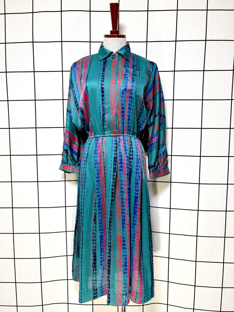 画像1: ストライプ ウエストゴム レトロ USA古着 ヴィンテージワンピース (1)