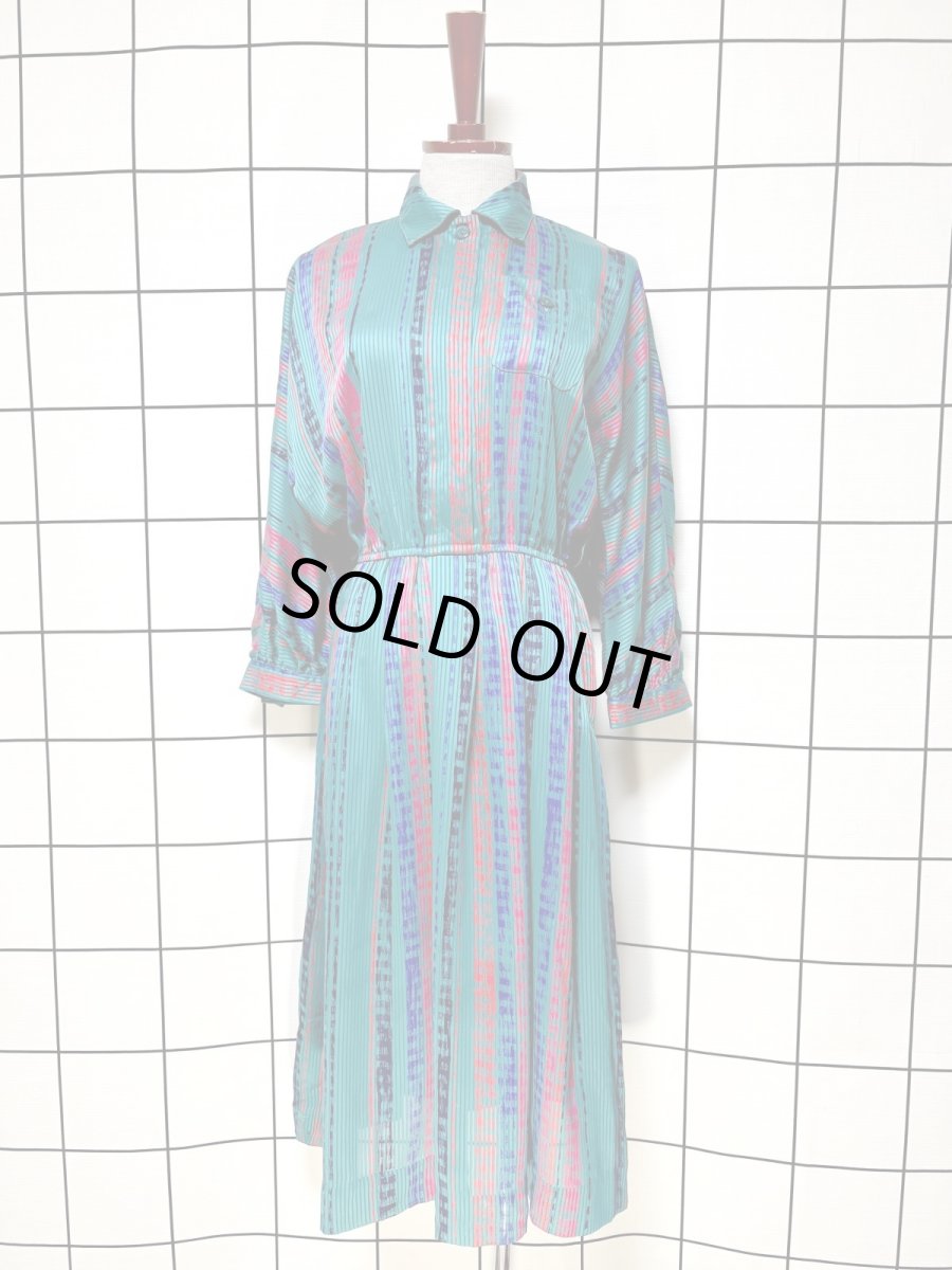 画像1: ストライプ ウエストゴム レトロ USA古着 ヴィンテージワンピース (1)