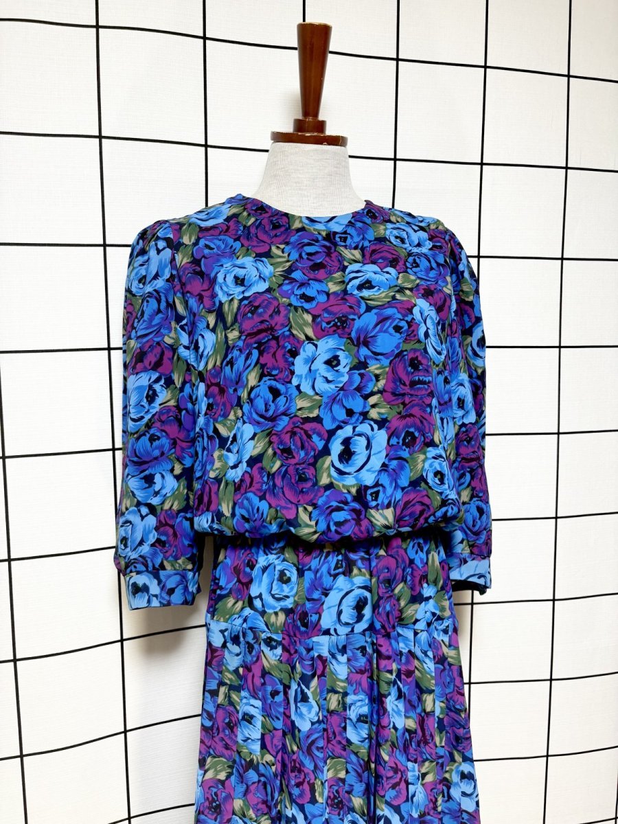 画像4: プリーツ切り替え 花柄 総柄 ウエストゴム レトロ USA古着 ヴィンテージワンピース (4)