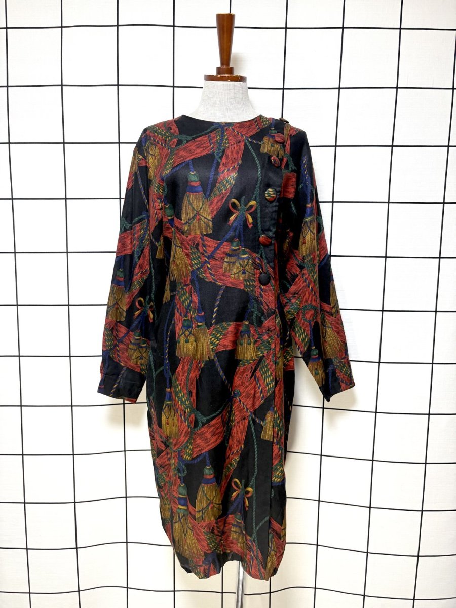 画像1: フリンジ柄 ブラック レトロ USA古着 ヴィンテージワンピース (1)