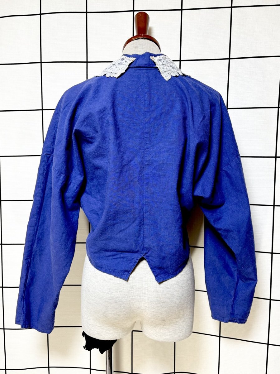 画像2: ショート丈 レース装飾 ブルー レトロ USA古着 ヴィンテージジャケット (2)