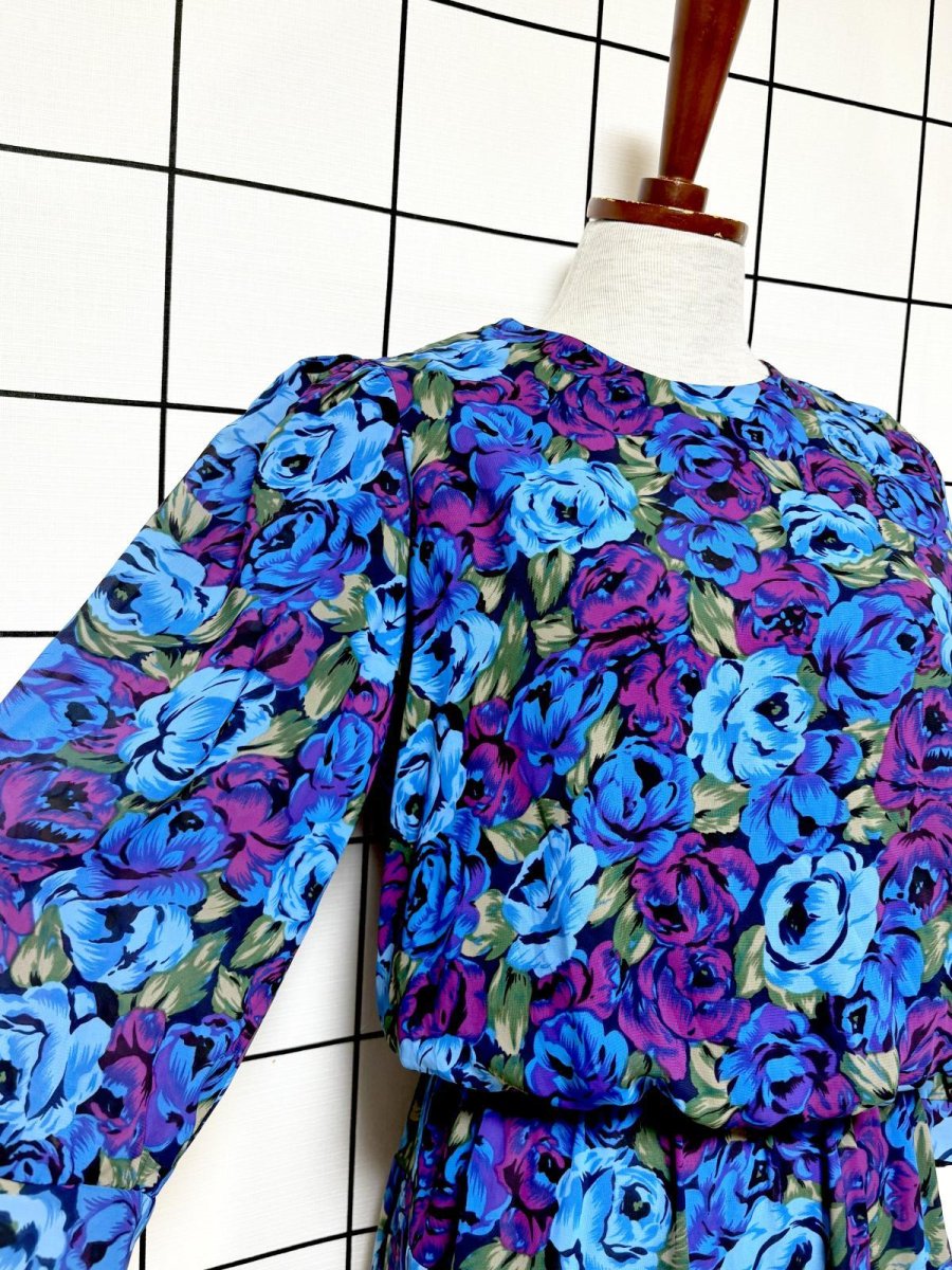 画像7: プリーツ切り替え 花柄 総柄 ウエストゴム レトロ USA古着 ヴィンテージワンピース (7)