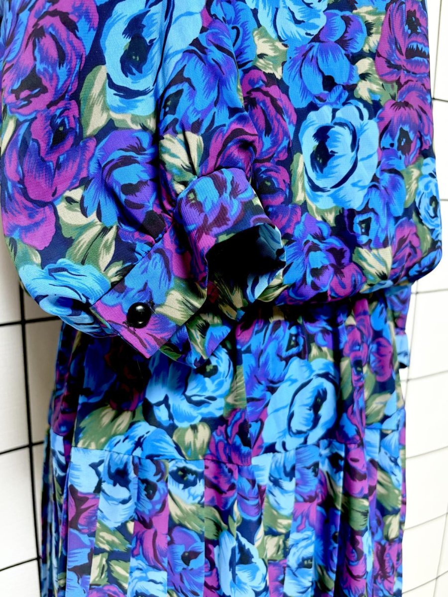 画像8: プリーツ切り替え 花柄 総柄 ウエストゴム レトロ USA古着 ヴィンテージワンピース (8)