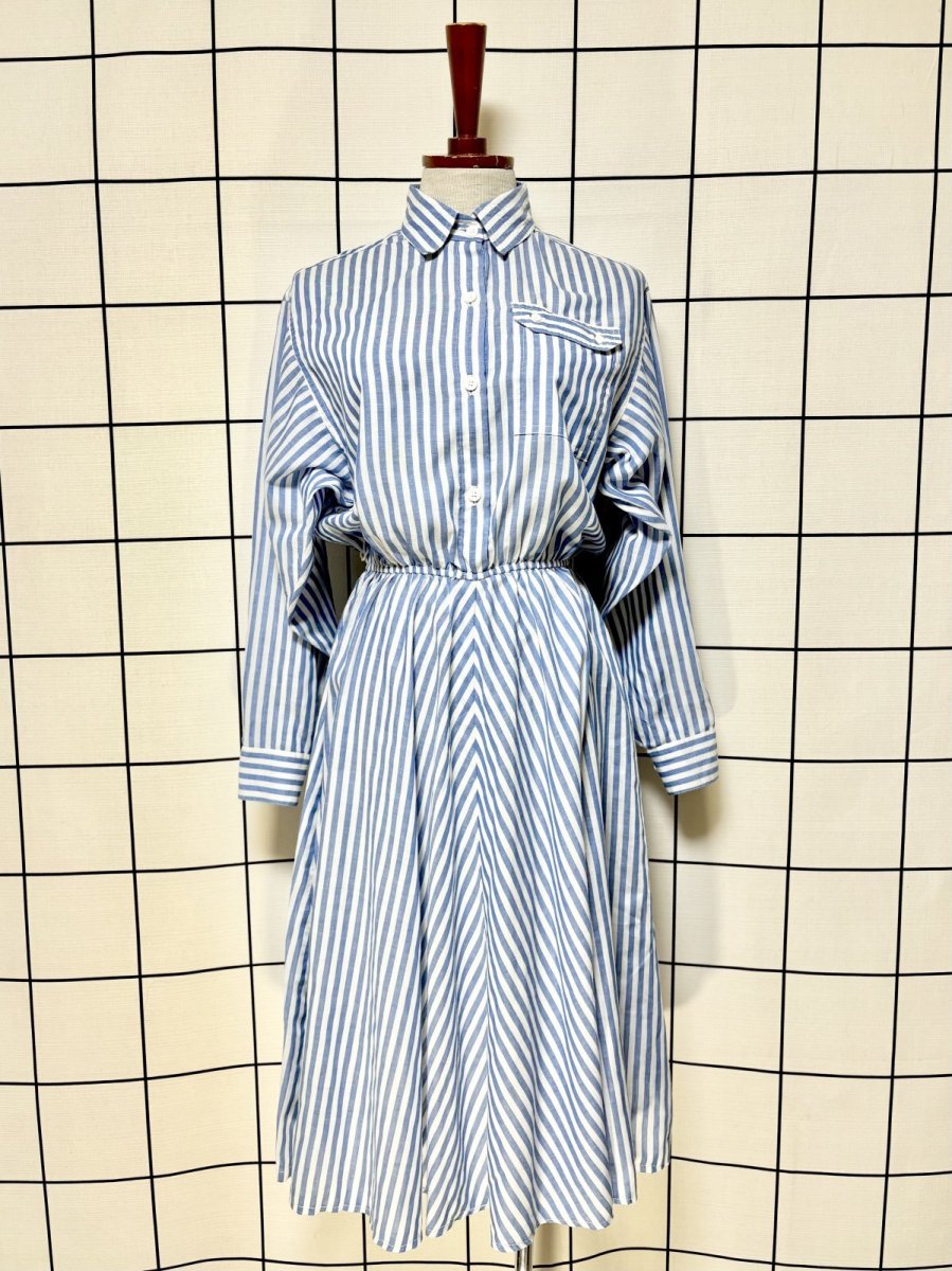 画像1: ストライプ ウエストゴム レトロ USA古着 ヴィンテージワンピース (1)