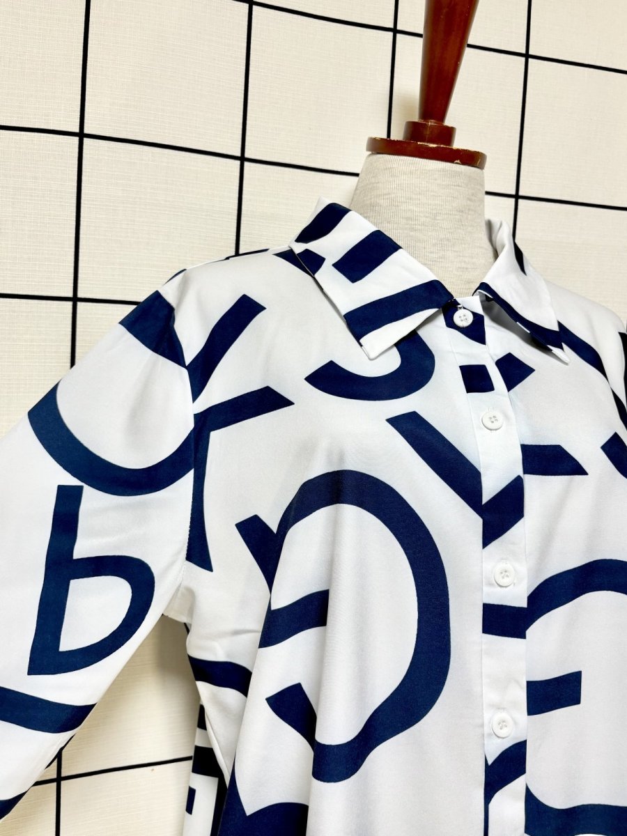 画像6: ホワイト ネイビー レトロ 古着 長袖 シャツ ブラウス (6)