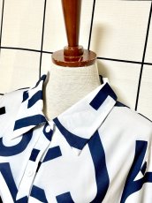 画像4: ホワイト ネイビー レトロ 古着 長袖 シャツ ブラウス (4)