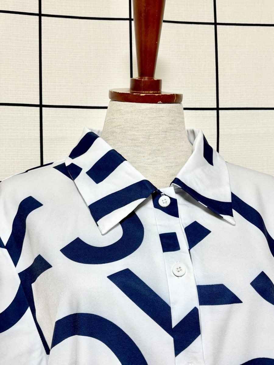 画像5: ホワイト ネイビー レトロ 古着 長袖 シャツ ブラウス (5)
