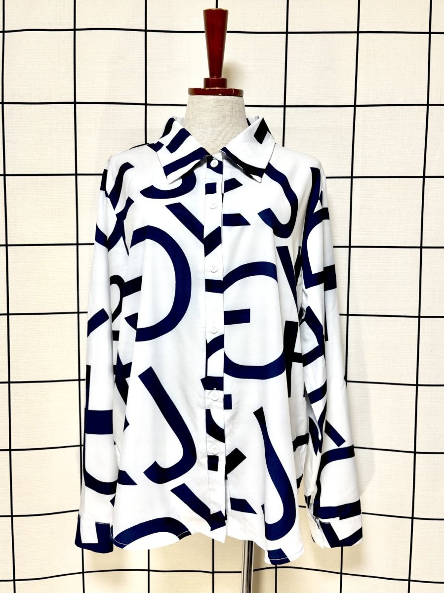 画像1: ホワイト ネイビー レトロ 古着 長袖 シャツ ブラウス (1)