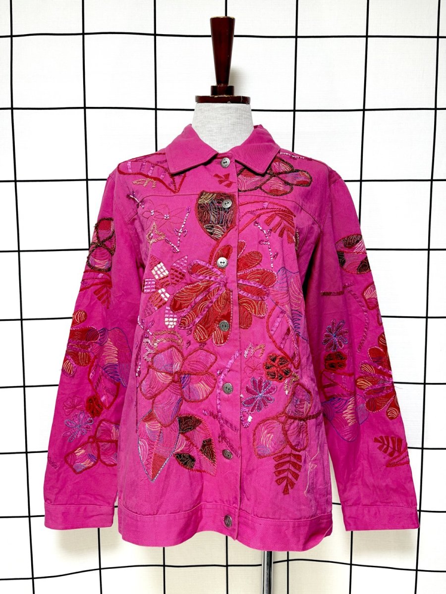 画像1: 花柄 刺繡 ビーズ レトロ India古着 デニムジャケット (1)