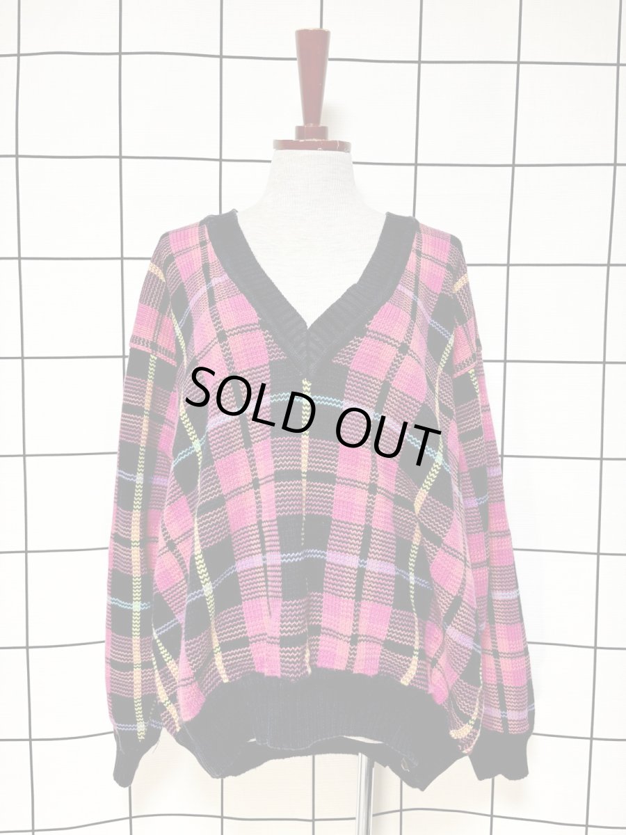 画像1: チェック マルチカラー レトロ USA古着 ヴィンテージニットセーター (1)
