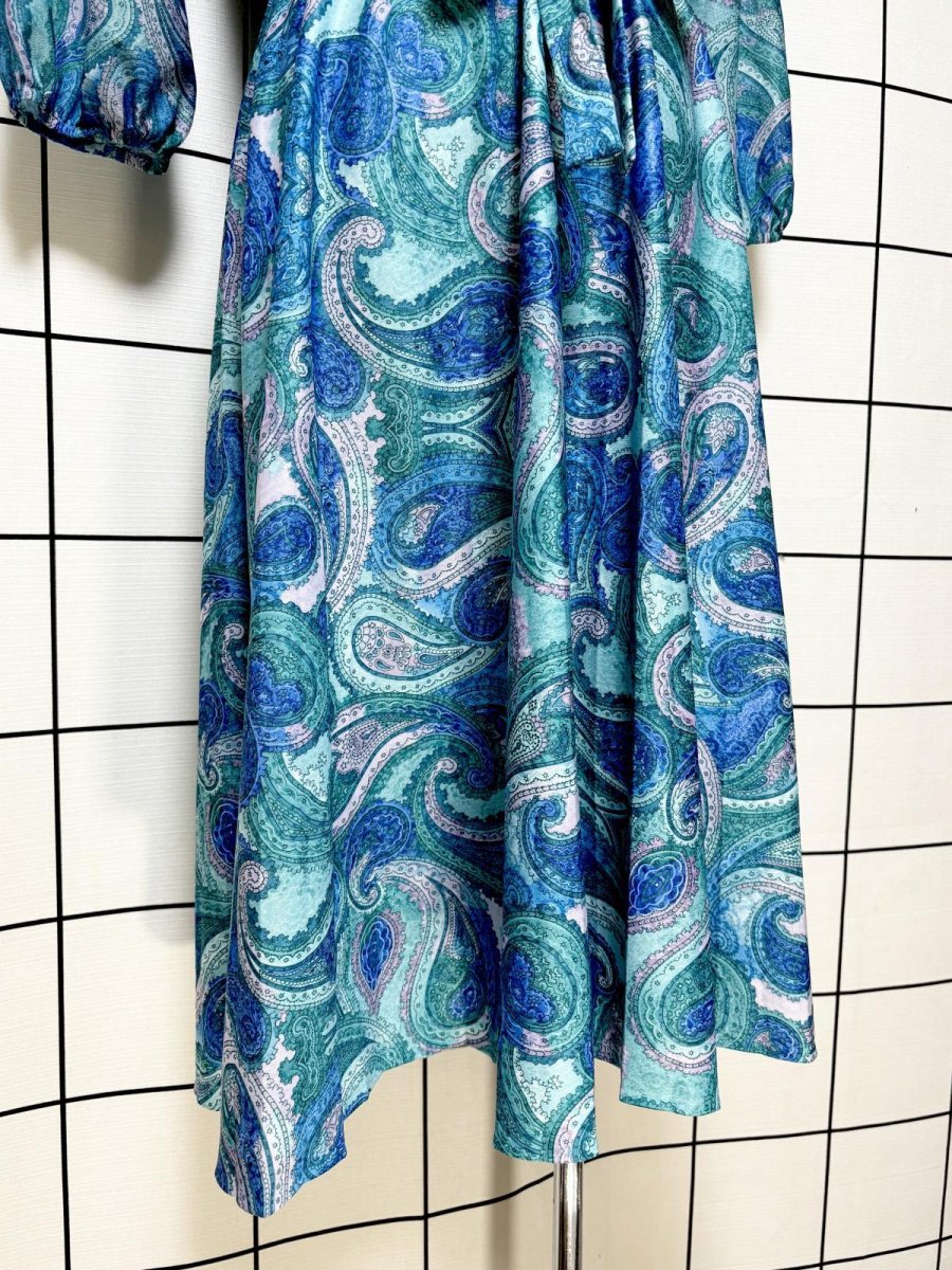 画像8: プリーツ切り替え ペイズリー リボン ウエストゴム レトロ USA古着 ヴィンテージワンピース (8)