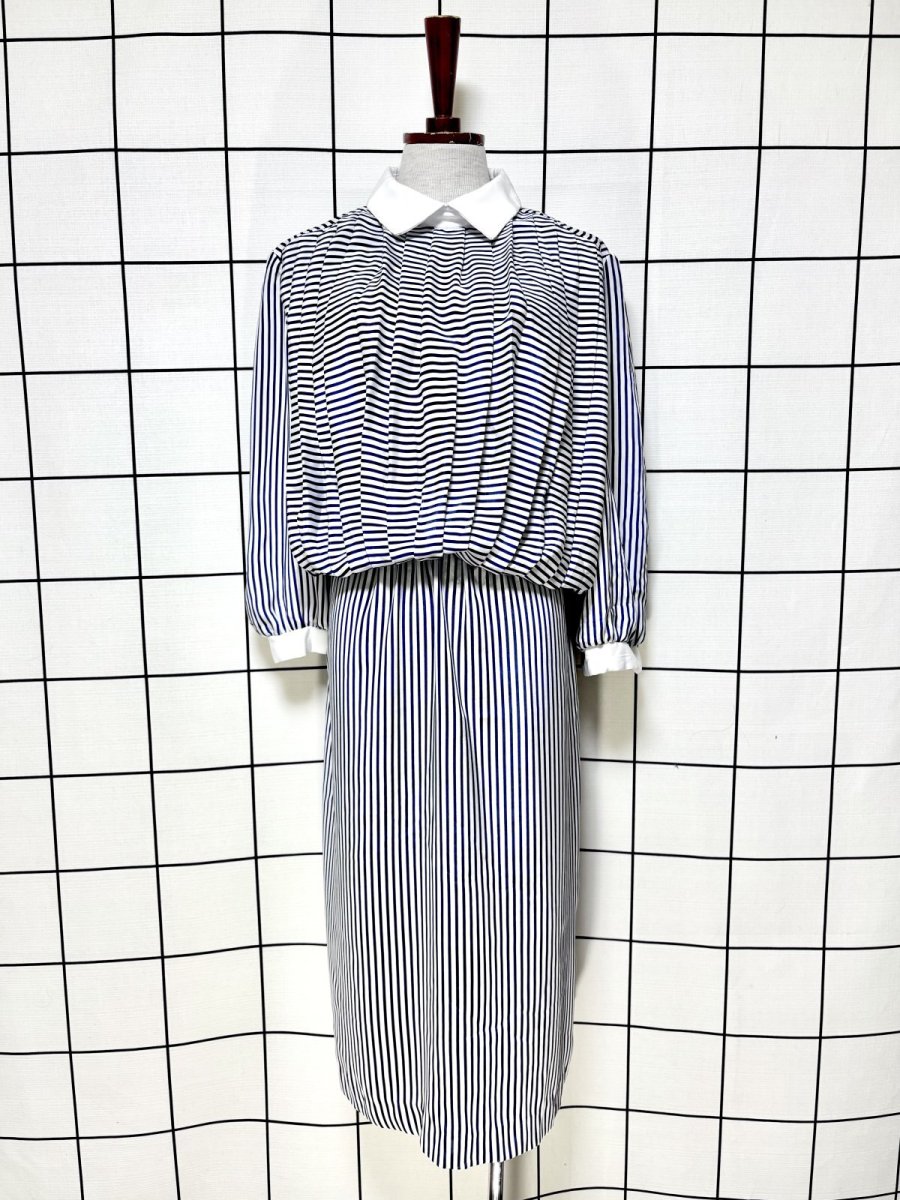 画像1: ストライプ ホワイト ネイビー ウエストゴム レトロ USA古着 ヴィンテージワンピース (1)