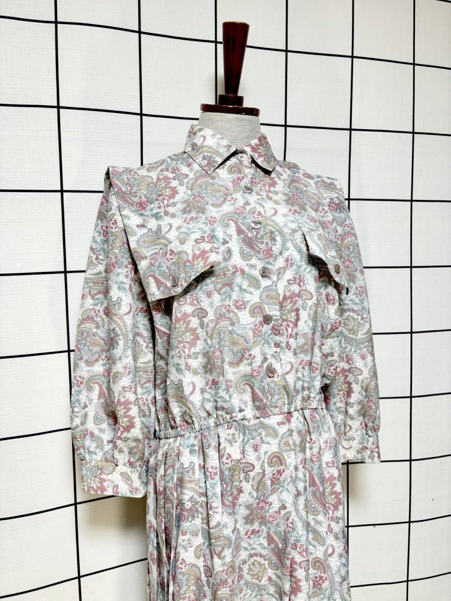 画像3: プリーツ切り替え ペイズリー 花柄 ウエストゴム レトロ USA古着 ヴィンテージワンピース (3)