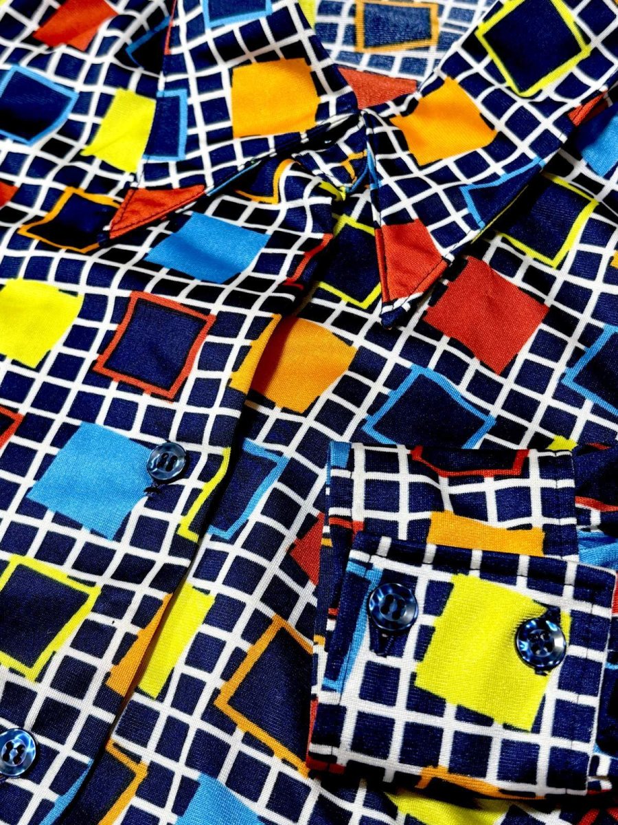 画像8: チェック柄 スクエア模様 カラフル ネイビー  レトロ USA古着 ヴィンテージブラウス (8)