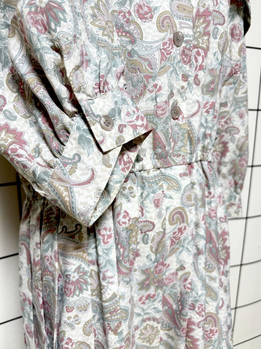 画像7: プリーツ切り替え ペイズリー 花柄 ウエストゴム レトロ USA古着 ヴィンテージワンピース (7)