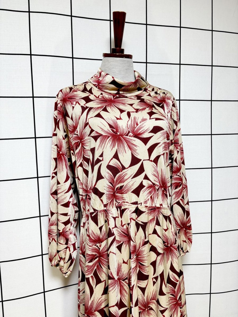 画像3: 花柄 タートルネック ウエストゴム レトロ 長袖 ヨーロッパ古着 ヴィンテージワンピース (3)