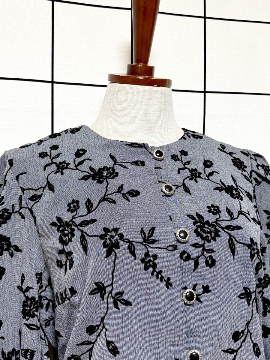 画像6: レイヤード風デザイン 花柄 バックリボン グレー レトロ El Salvador 古着 ヴィンテージワンピース (6)