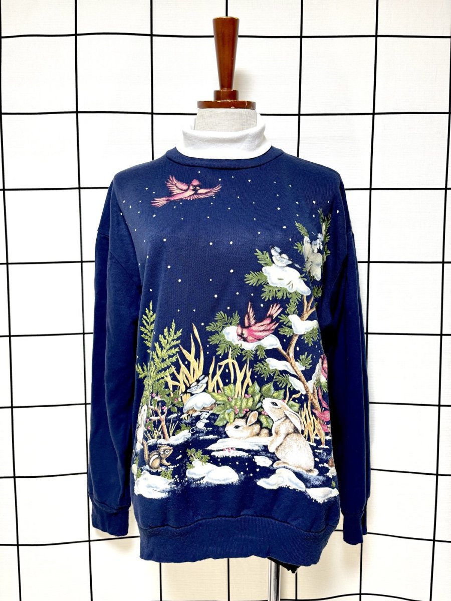 画像1: 鳥 うさぎ リス ボタニカル ドット 雪 ネイビー タートルネック レトロ USA古着 ヴィンテージスウェット (1)