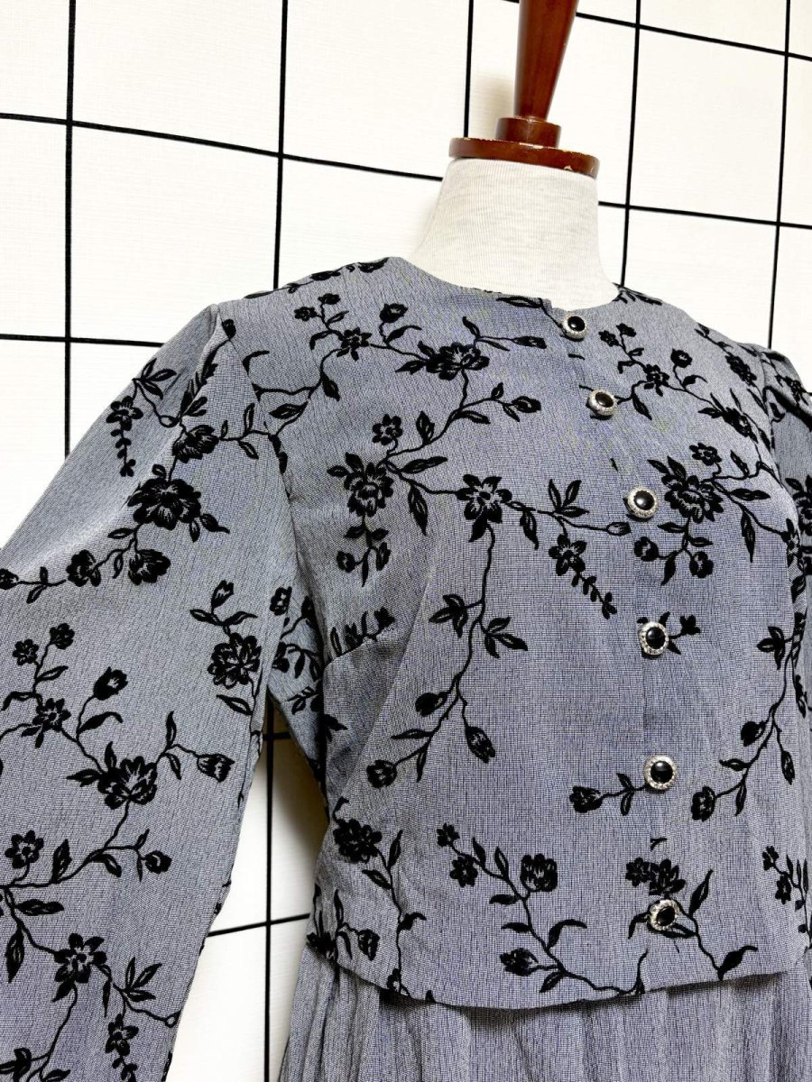 画像7: レイヤード風デザイン 花柄 バックリボン グレー レトロ El Salvador 古着 ヴィンテージワンピース (7)