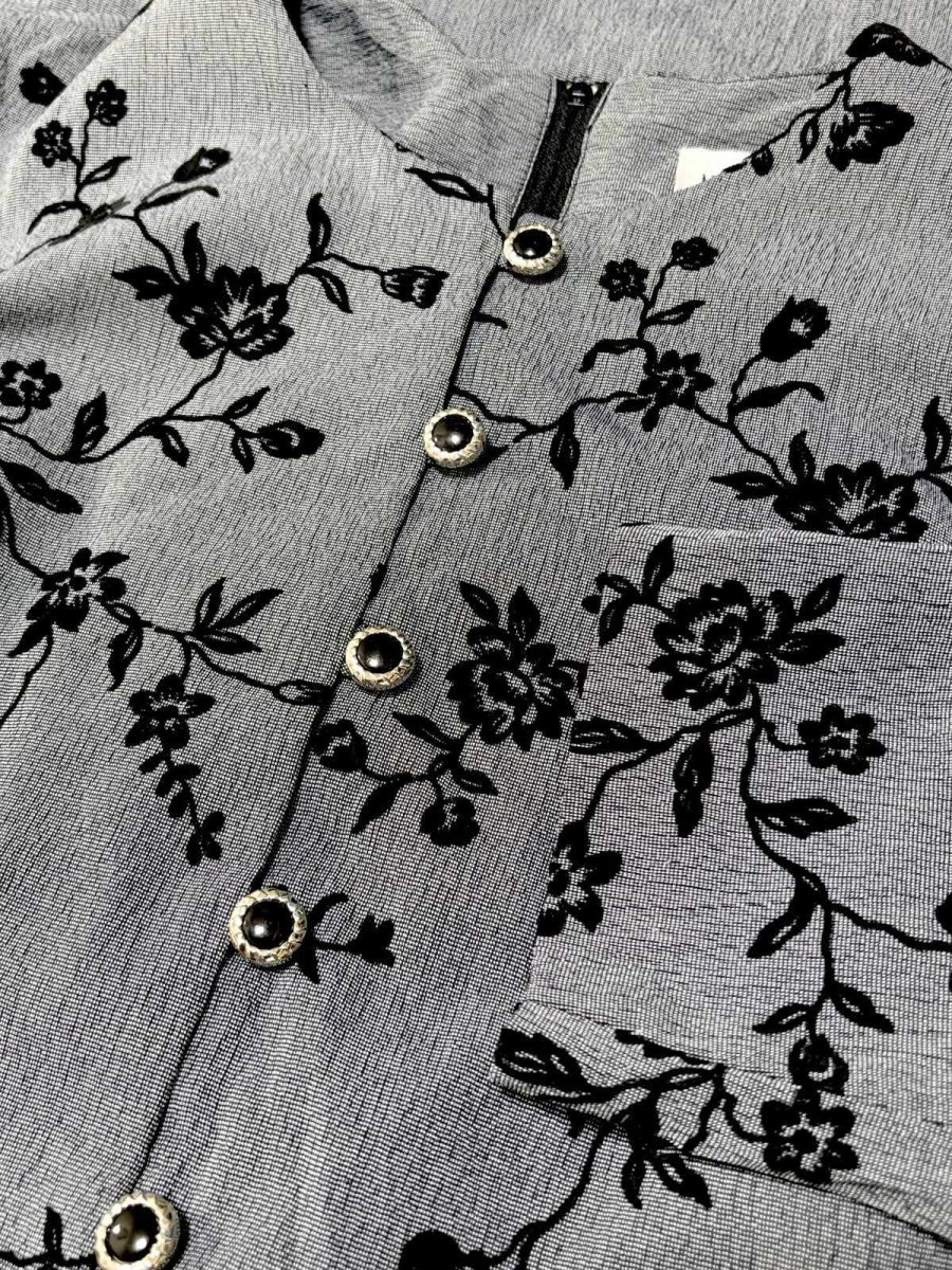 画像12: レイヤード風デザイン 花柄 バックリボン グレー レトロ El Salvador 古着 ヴィンテージワンピース (12)