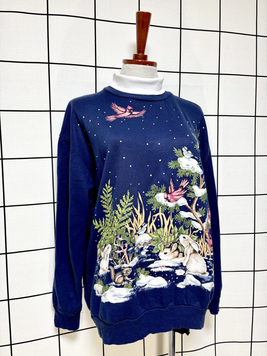 画像3: 鳥 うさぎ リス ボタニカル ドット 雪 ネイビー タートルネック レトロ USA古着 ヴィンテージスウェット (3)