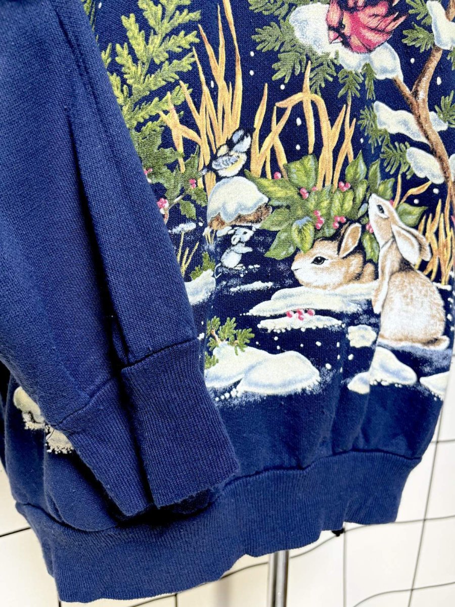画像7: 鳥 うさぎ リス ボタニカル ドット 雪 ネイビー タートルネック レトロ USA古着 ヴィンテージスウェット (7)