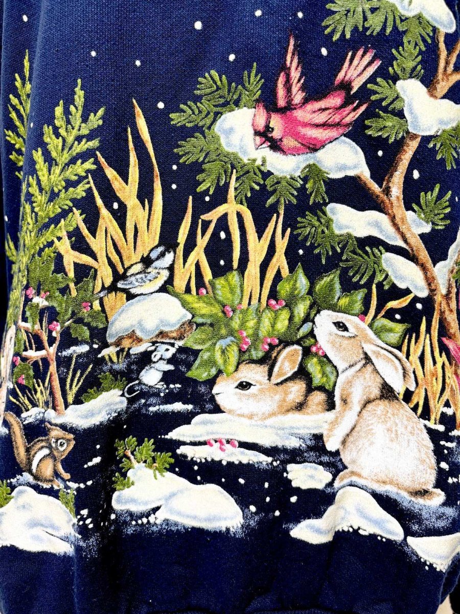 画像9: 鳥 うさぎ リス ボタニカル ドット 雪 ネイビー タートルネック レトロ USA古着 ヴィンテージスウェット (9)