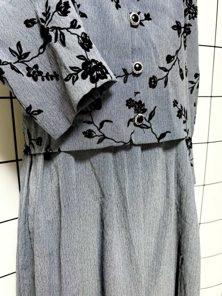 画像8: レイヤード風デザイン 花柄 バックリボン グレー レトロ El Salvador 古着 ヴィンテージワンピース (8)