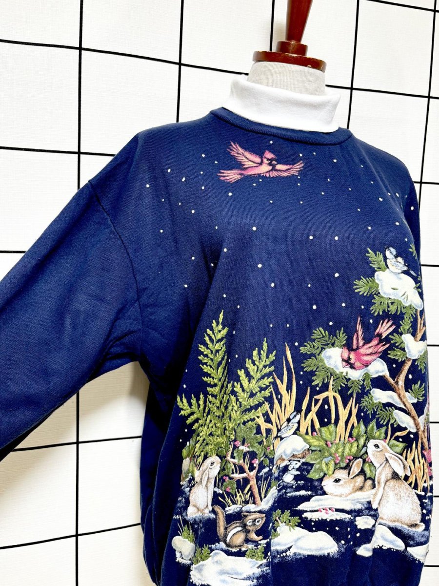 画像6: 鳥 うさぎ リス ボタニカル ドット 雪 ネイビー タートルネック レトロ USA古着 ヴィンテージスウェット (6)