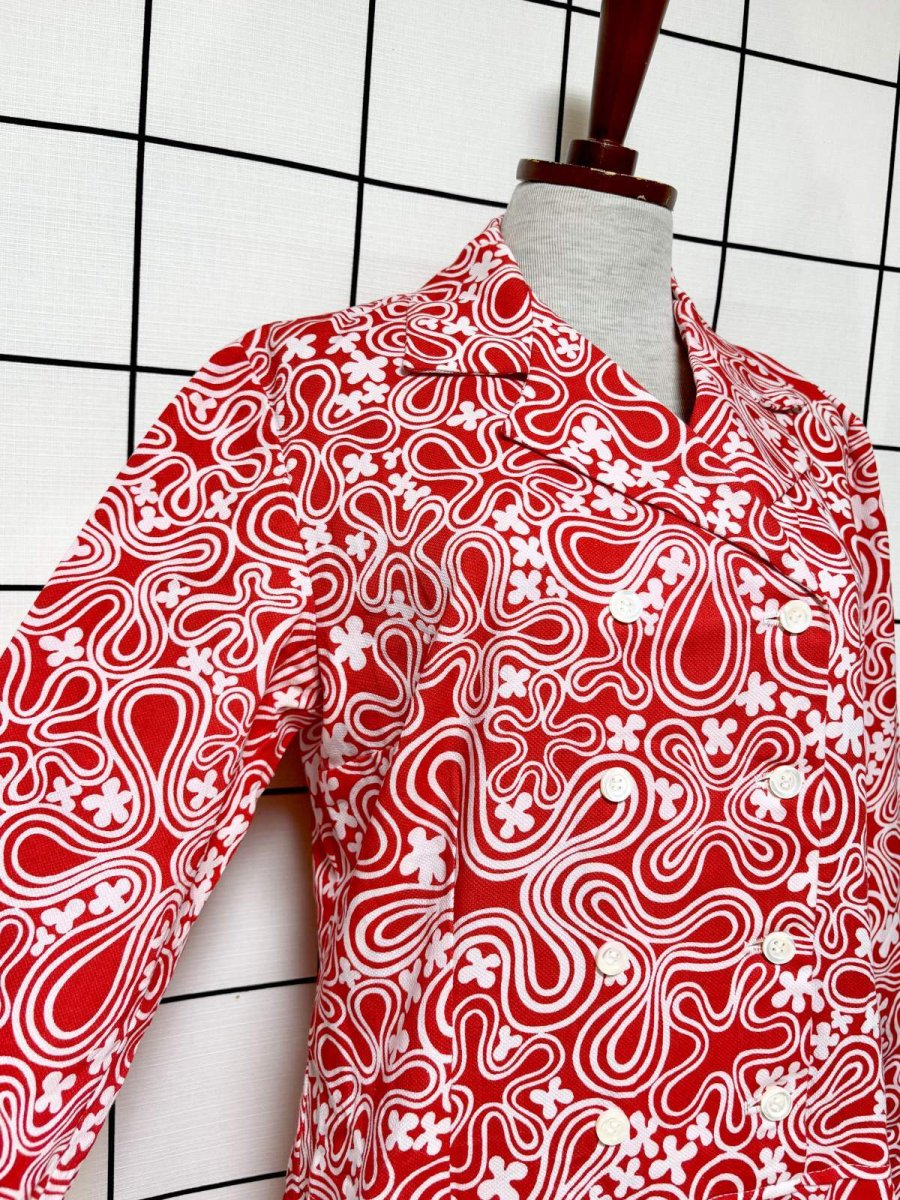 画像6: 花柄モチーフ レッド ホワイト レトロ 長袖 USA古着 ヴィンテージワンピース (6)