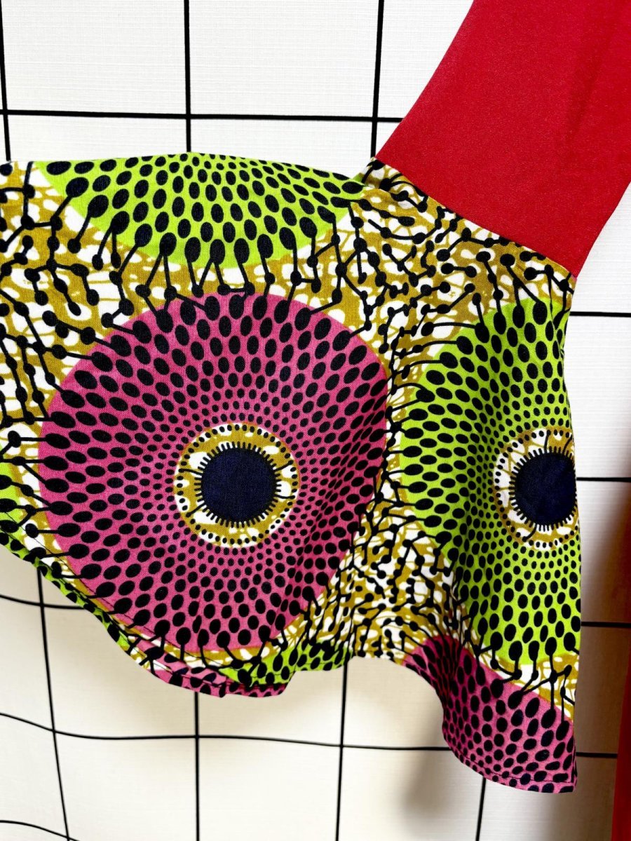 画像7: アフリカンバティック ドレス フレア袖 ティアード 古着 エスニック レトロ ヴィンテージワンピース (7)