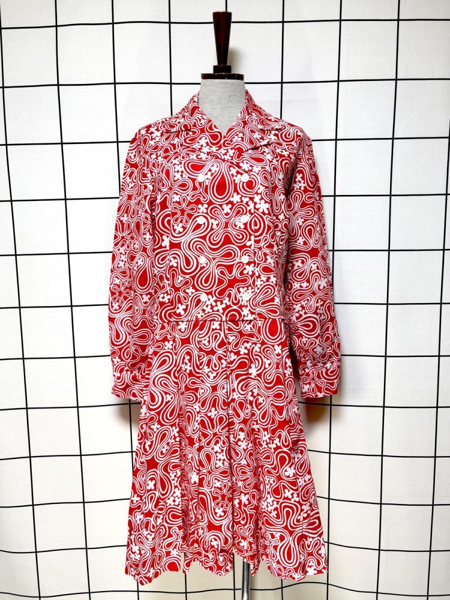 画像1: 花柄モチーフ レッド ホワイト レトロ 長袖 USA古着 ヴィンテージワンピース (1)