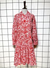 画像1: 花柄モチーフ レッド ホワイト レトロ 長袖 USA古着 ヴィンテージワンピース (1)