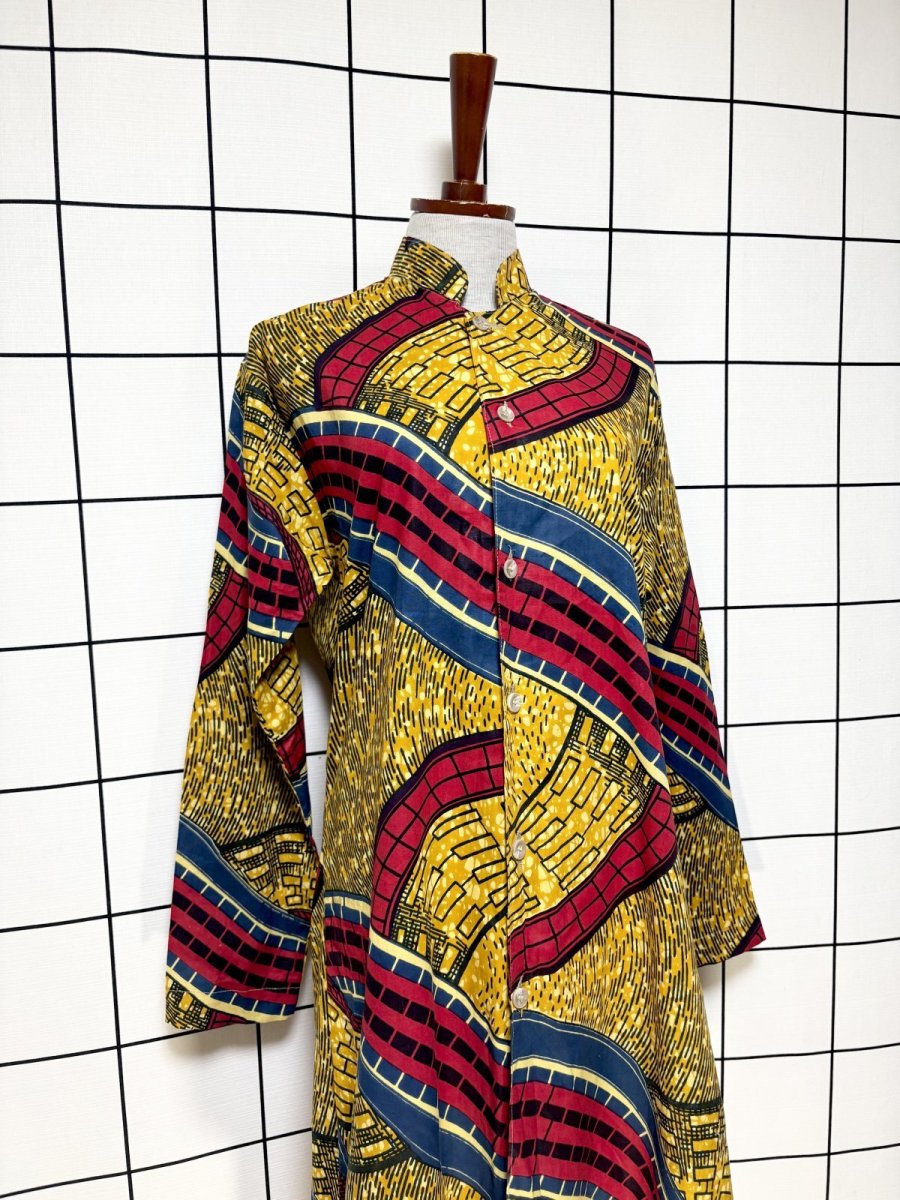 画像3: アフリカンバティック ドレス スタンドカラー 前開き 古着 エスニック レトロ ヴィンテージワンピース (3)