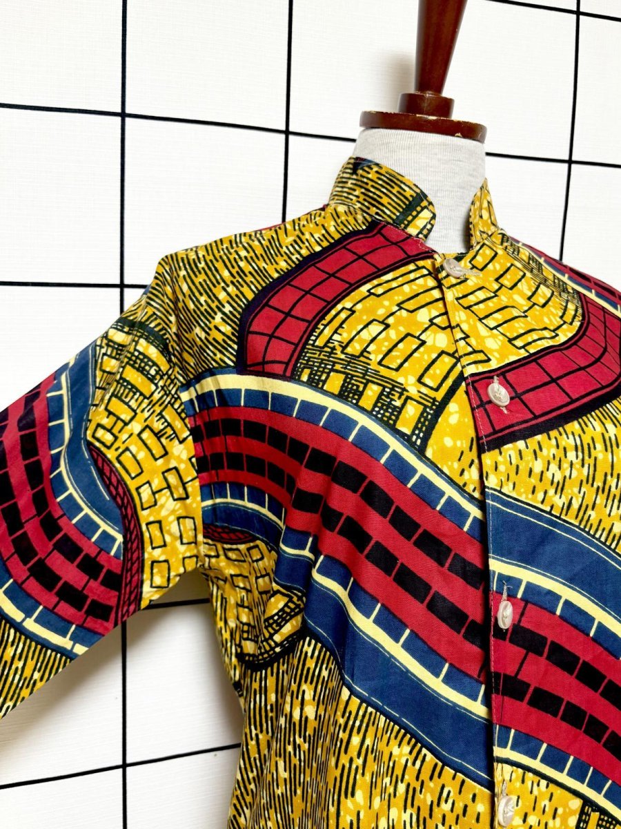 画像6: アフリカンバティック ドレス スタンドカラー 前開き 古着 エスニック レトロ ヴィンテージワンピース (6)