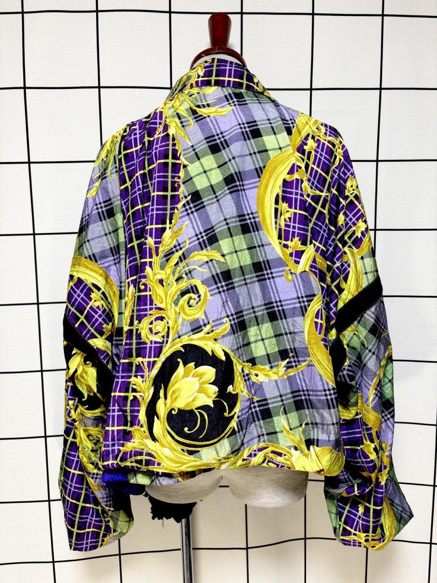 画像2: チェック柄 花柄 オーバーサイズ ジップアップ レトロ USA古着 ジャンパー ブルゾン ヴィンテージナイロンジャケット (2)