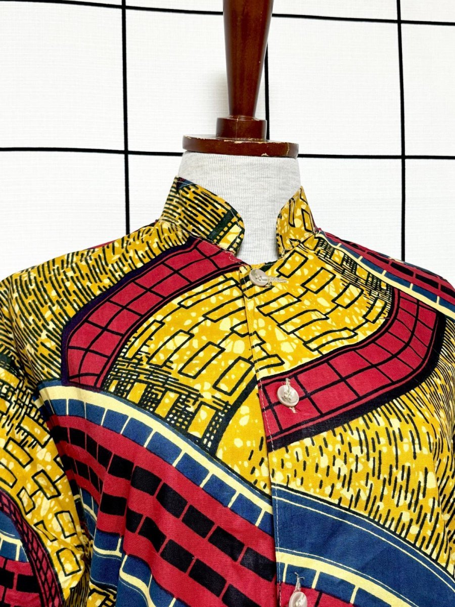 画像5: アフリカンバティック ドレス スタンドカラー 前開き 古着 エスニック レトロ ヴィンテージワンピース (5)