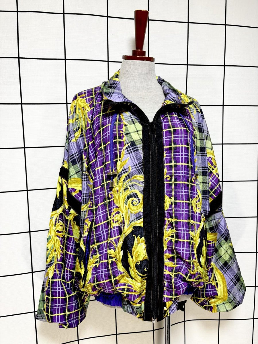 画像3: チェック柄 花柄 オーバーサイズ ジップアップ レトロ USA古着 ジャンパー ブルゾン ヴィンテージナイロンジャケット (3)