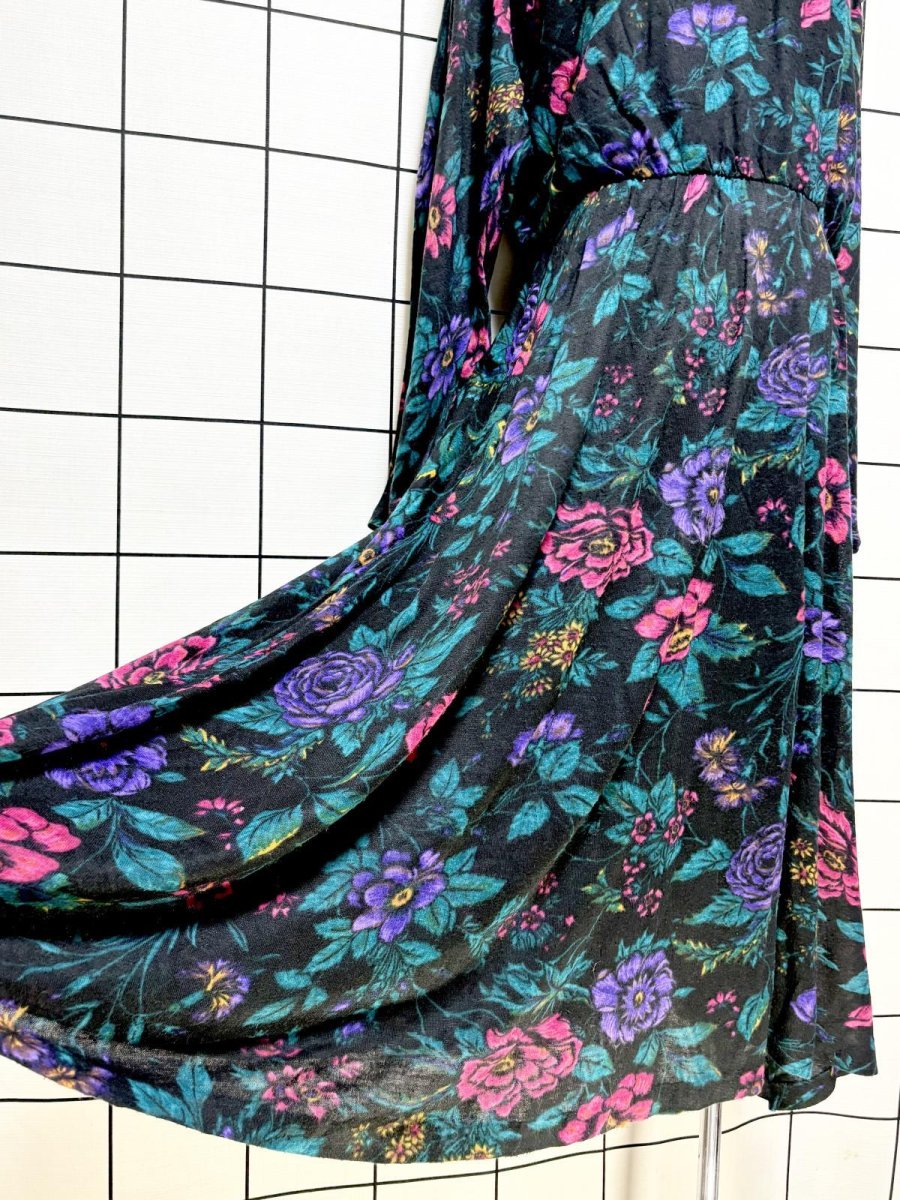画像9: 花柄 ハイネック ブラック TALON ウエストゴム レトロ USA古着 ヴィンテージワンピース (9)