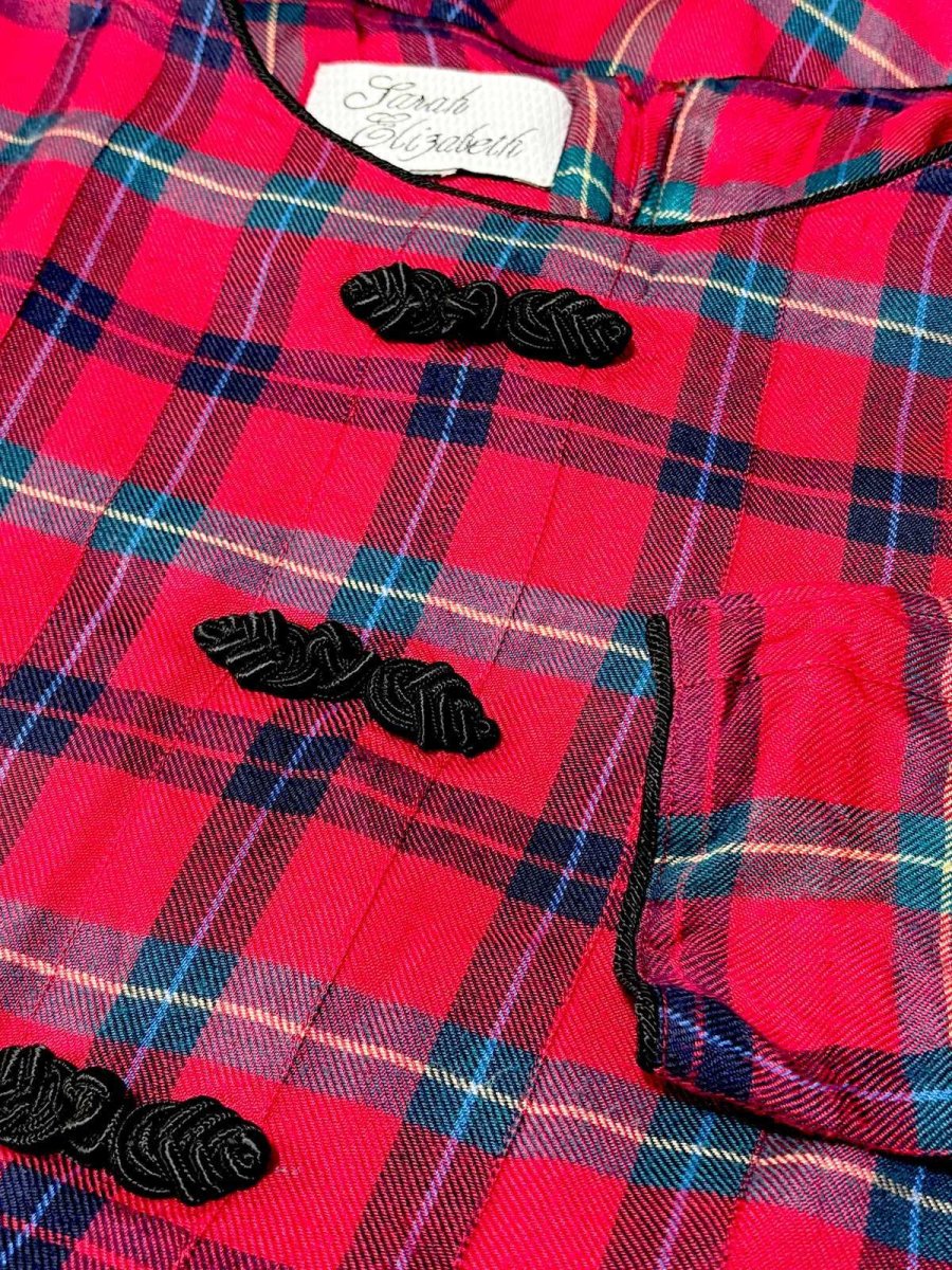 画像11: チャイナボタン装飾 チェック柄 レッド バックリボン レトロ USA古着 ヴィンテージワンピース (11)
